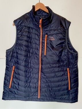 L.L. Bean Navy Quilted Vest with Bright Orange Zipper Accents